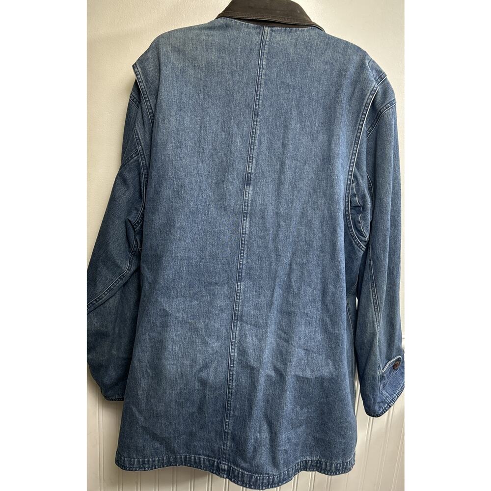Vintage Lands End Denim Chore Barn Coat Womens XL Leather Collar Jacket Lined - Picture 3 of 10